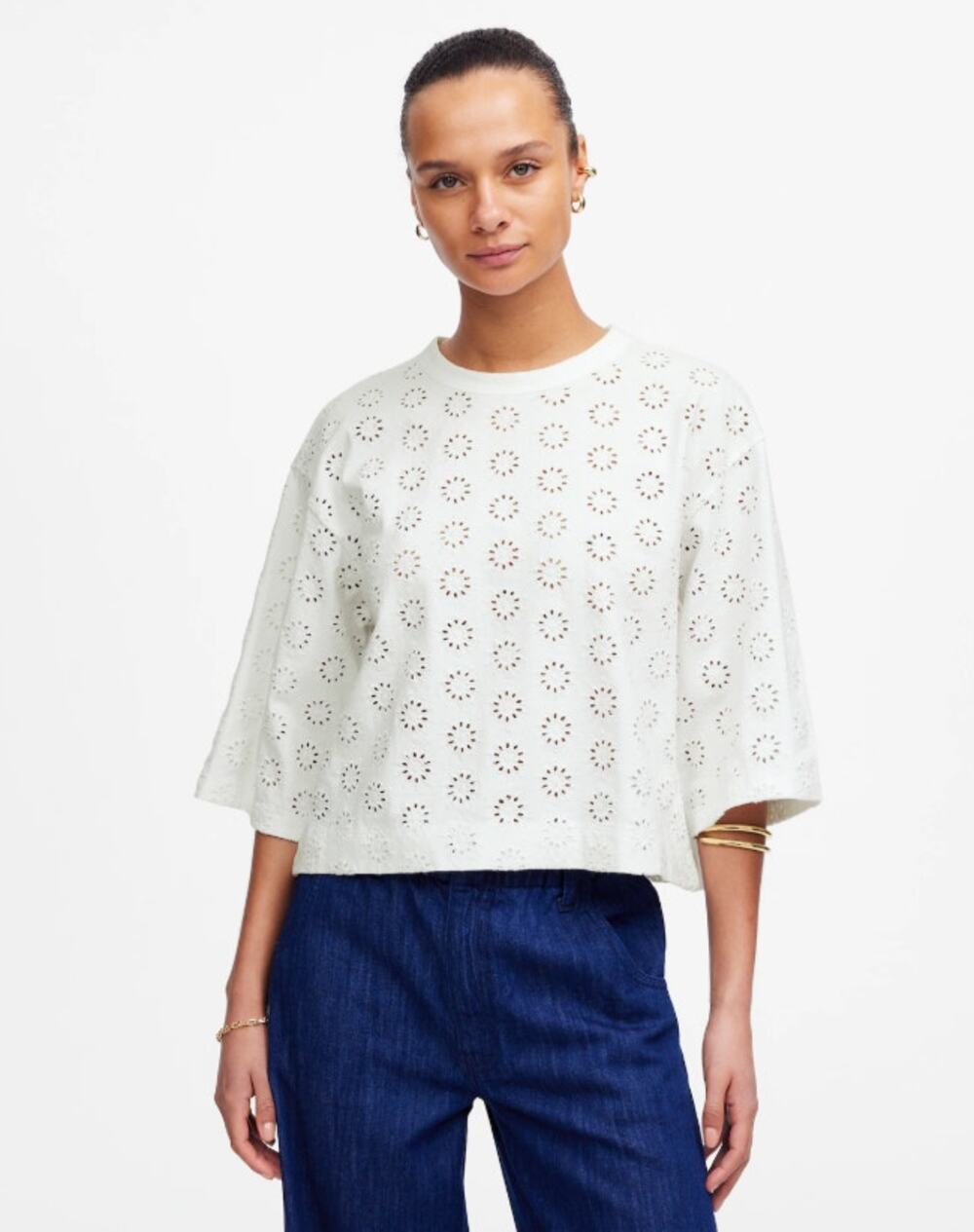 Madewell Embroidered Wide-Sleeve Boxy Tee WMNS L White Floral Crewneck Relaxed
